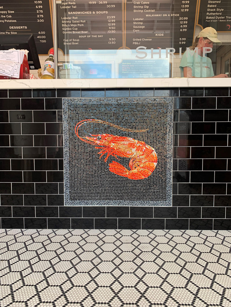 Glass mosaic shrimp installed in a restaurant